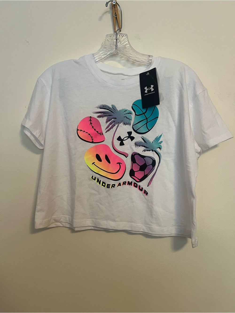 Under Armour White Girls' Graphic Crop Tee with Neon Multi Sports Icons